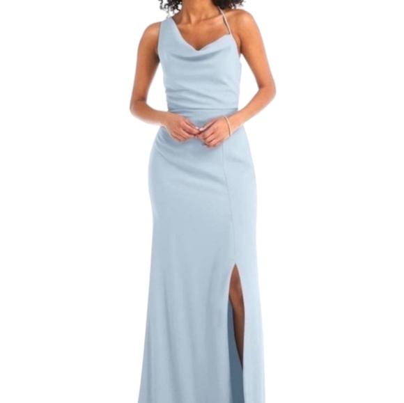 After 6 Draped Cowl Neck Mist Pale Blue Trumpet Gown Wedding Side Slit Sz 12 NWT - Picture 3 of 14
